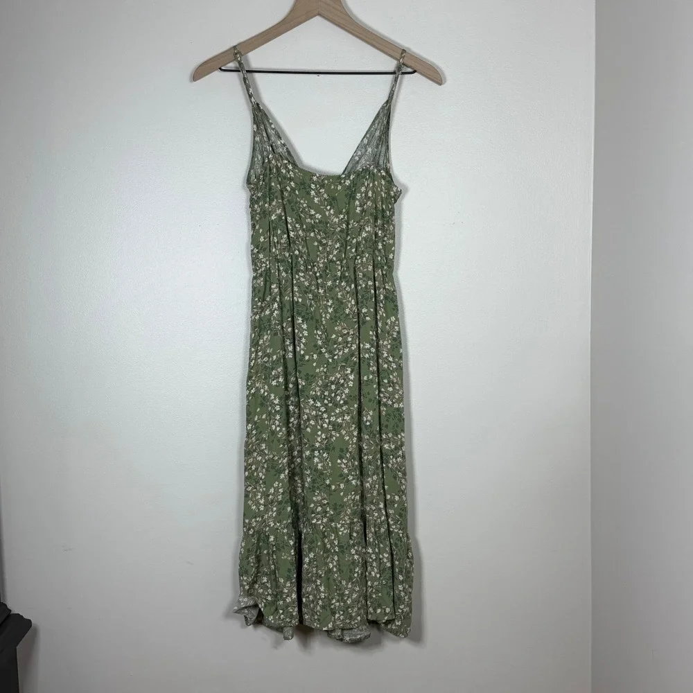 AUW Womens Floral Cottagecore Midi Dress Size M Green Ruffle Hem Spaghetti Strap - Picture 3 of 9